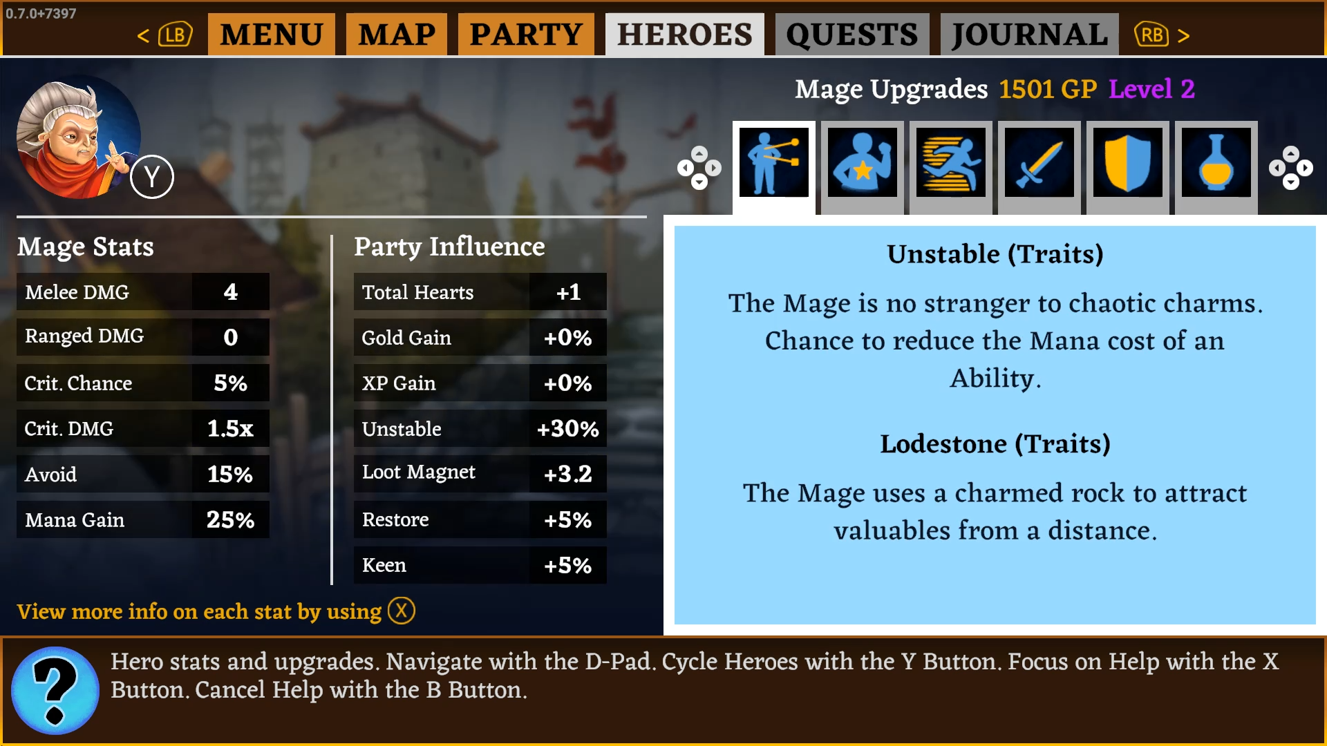 The Heroes stats screen showing the Mage' character traits